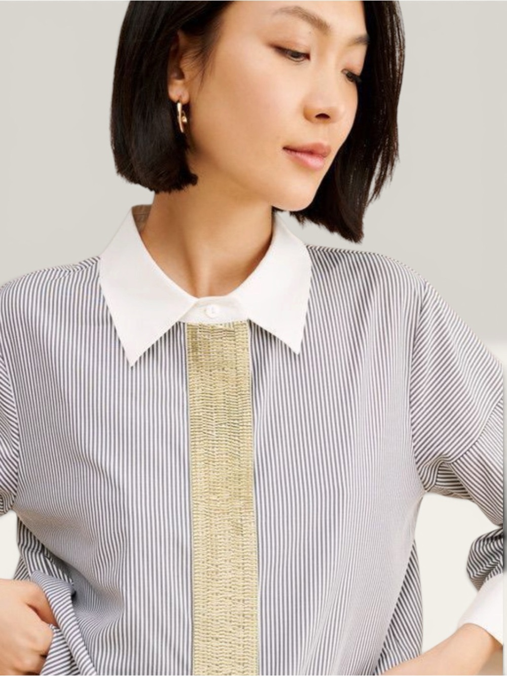 Womens White-Collar Striped Top with Gold Trim